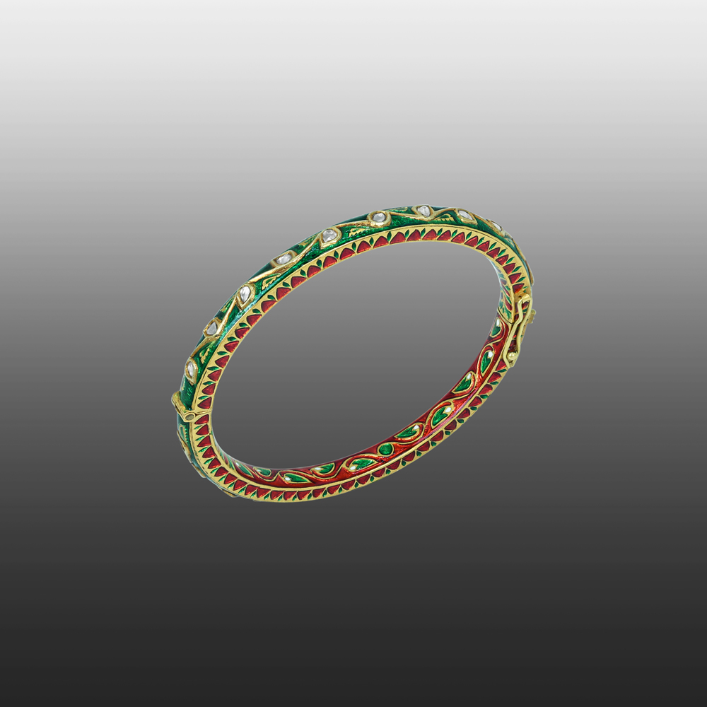 Polki Bangle with Green and Red Enamel Floral Design